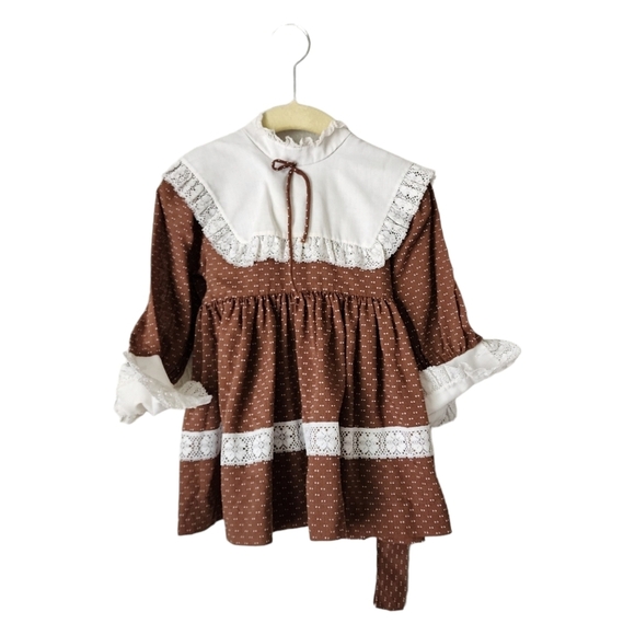 MINI WORLD x VINTAGE Brown Swiss dot white lace collar trim dress 2T - Picture 1 of 8
